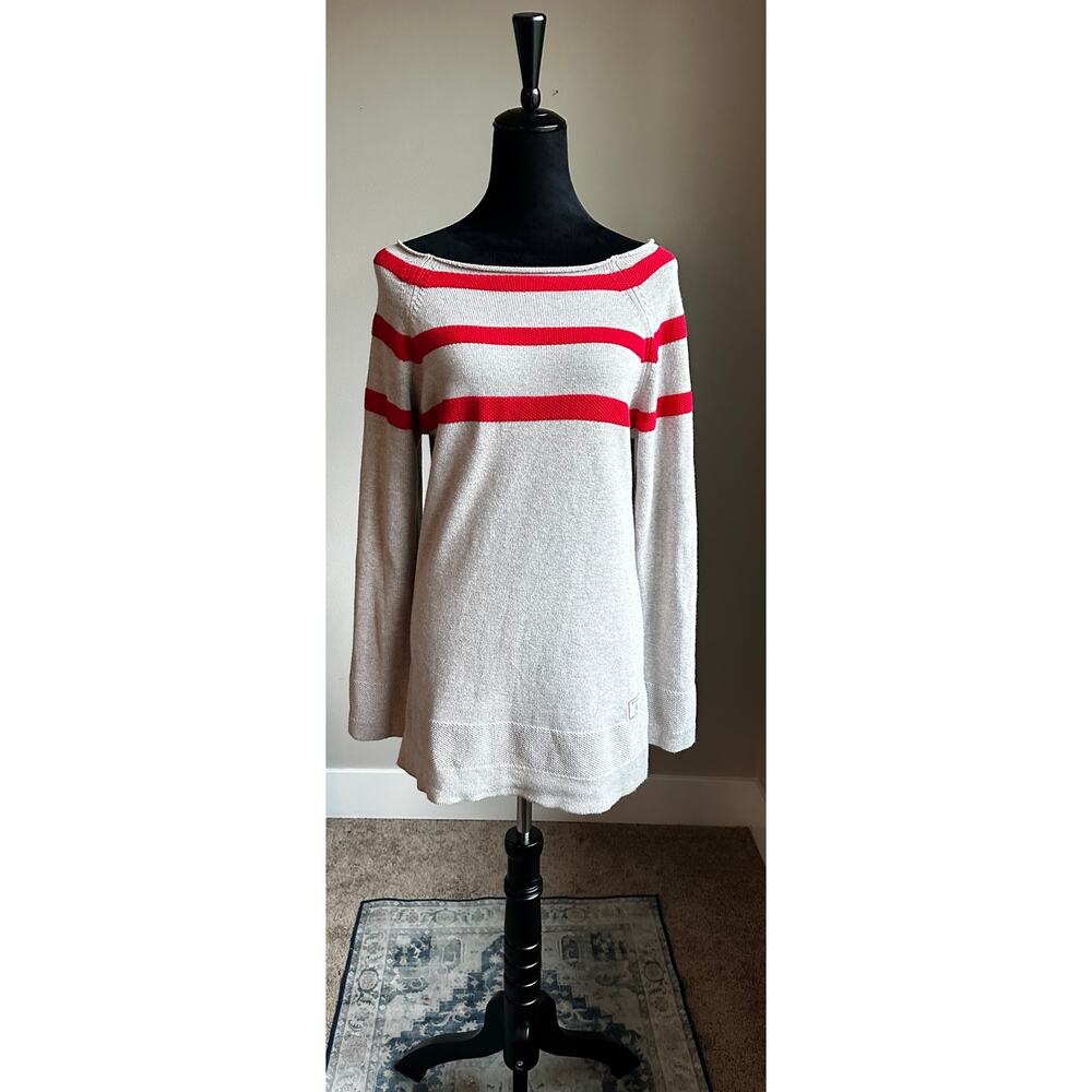 BARBOUR Striped 100% Cotton Boat Neck Sweater in Grey Red Size 10